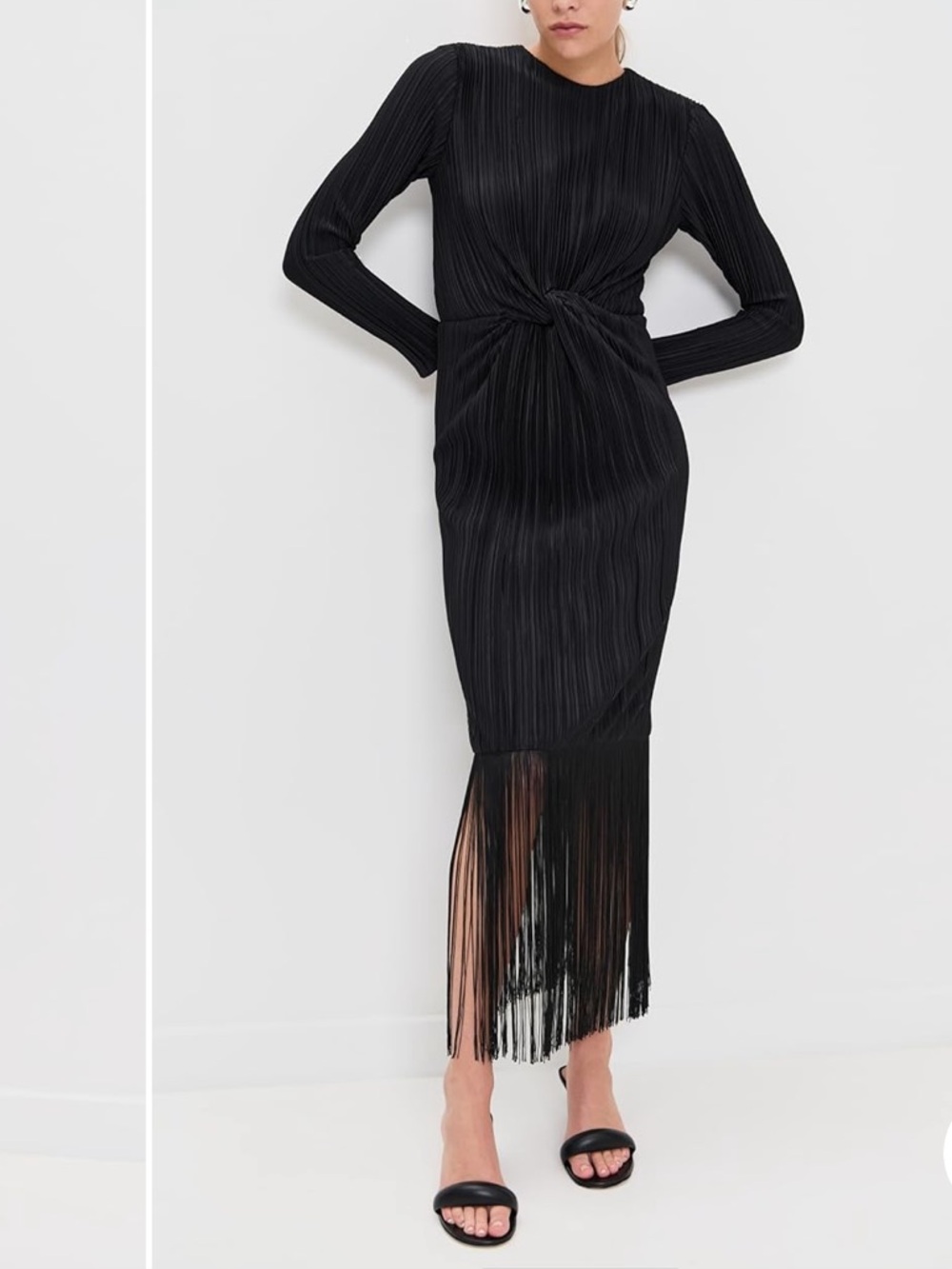 Long-Sleeve Black Knot-Front Fringe Midi Dress